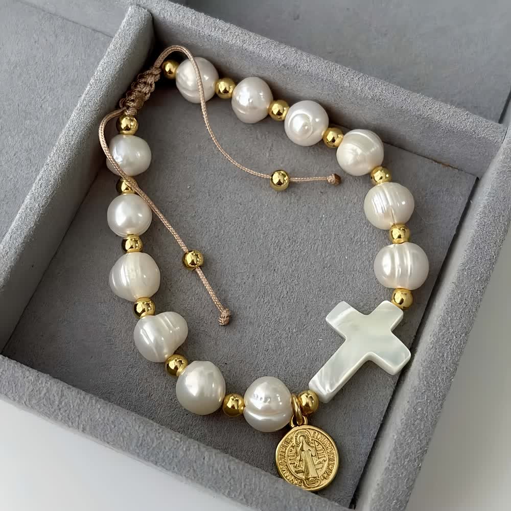 Elegante Pulsera Ajustable de Cristal con Medalla de San Benito: Joyería de Bendición Espiritual