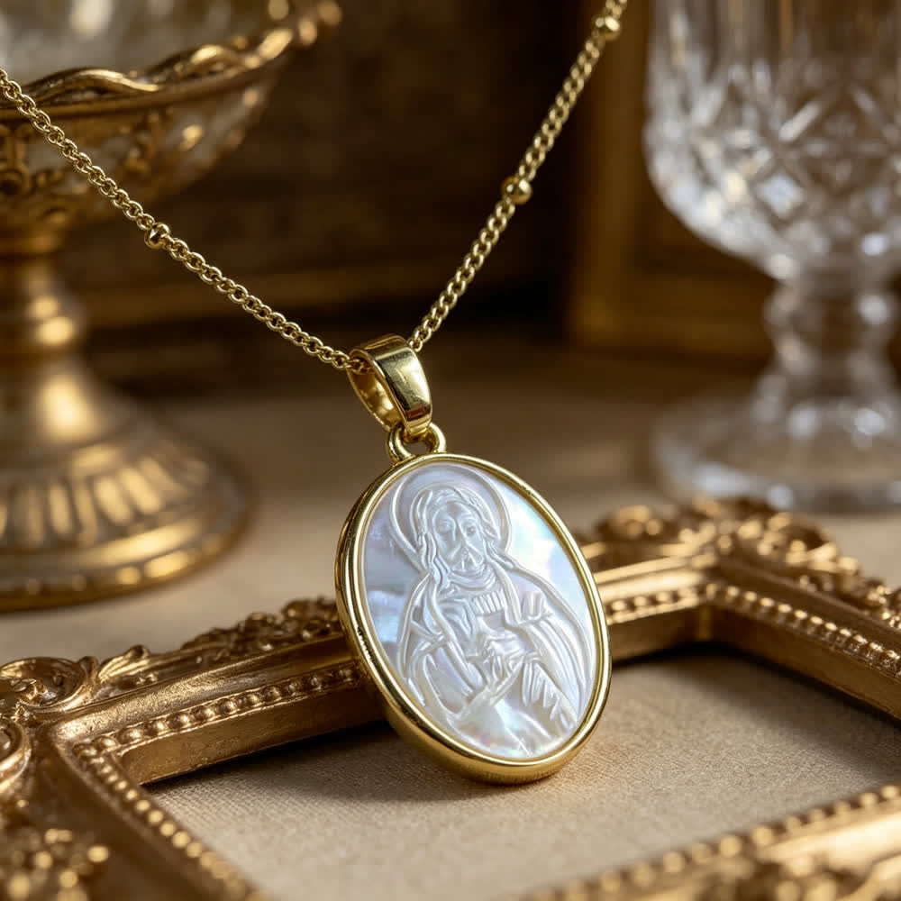 Collar de perlas blancas naturales de la Santa: Sagrado Corazón, Jesús, Nuestra Señora y San Miguel