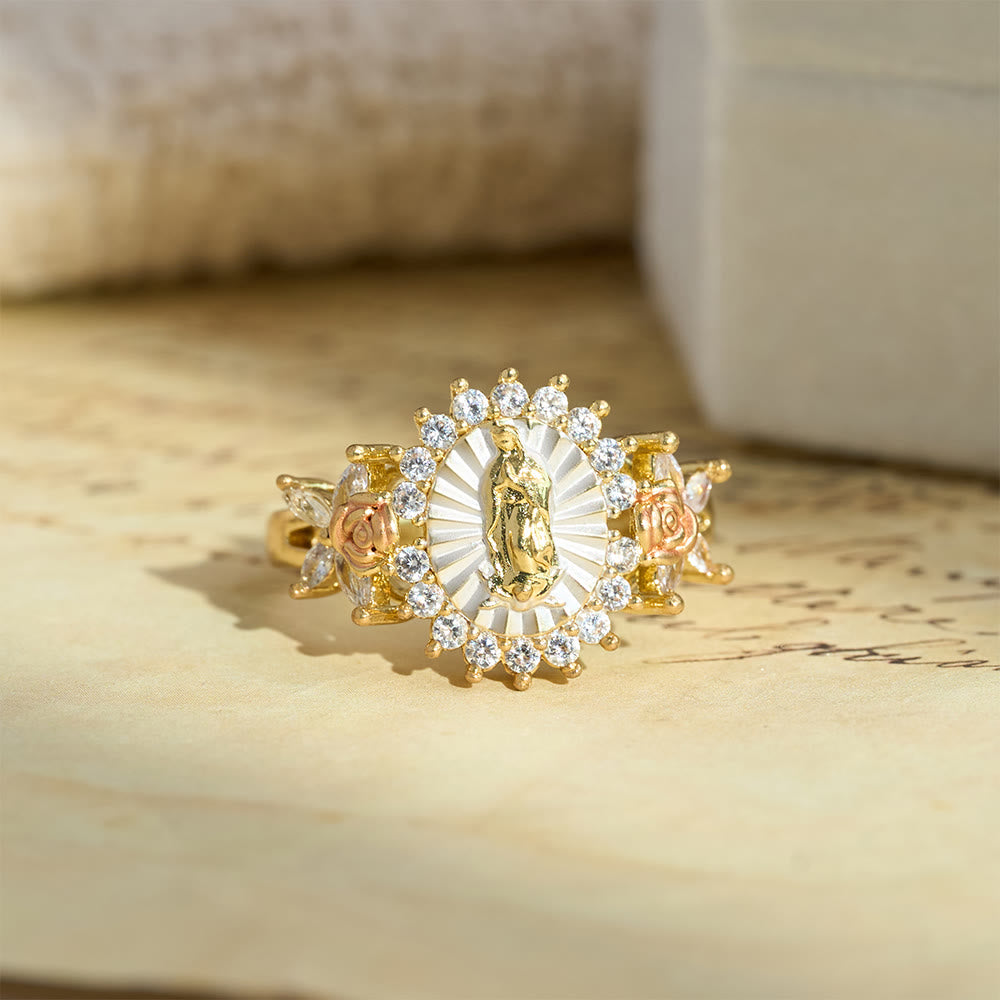 Anillo de circonia con rosa floral de Nuestra Señora radiante: Lleva la luz del amor maternal