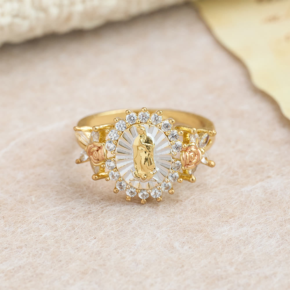 Anillo de circonia con rosa floral de Nuestra Señora radiante: Lleva la luz del amor maternal