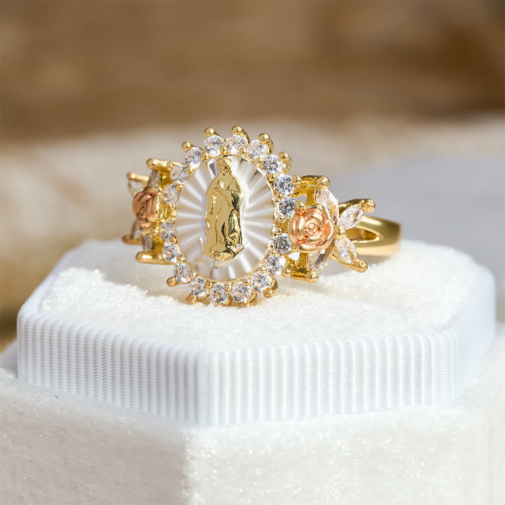 Anillo de circonia con rosa floral de Nuestra Señora radiante: Lleva la luz del amor maternal