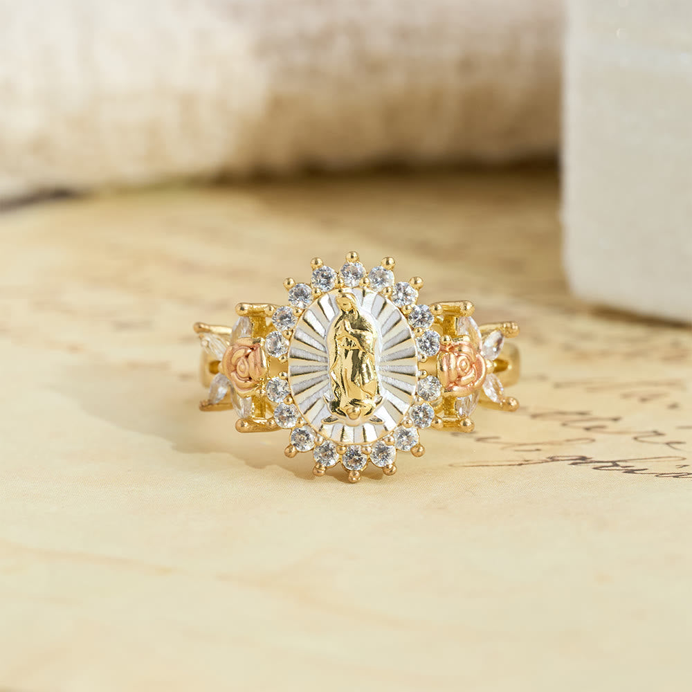 Anillo de circonia con rosa floral de Nuestra Señora radiante: Lleva la luz del amor maternal