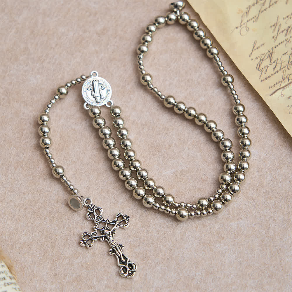 Pulsera de rosario magnética Sagrado Tono Plateado: Oración y pulsera 2 en 1