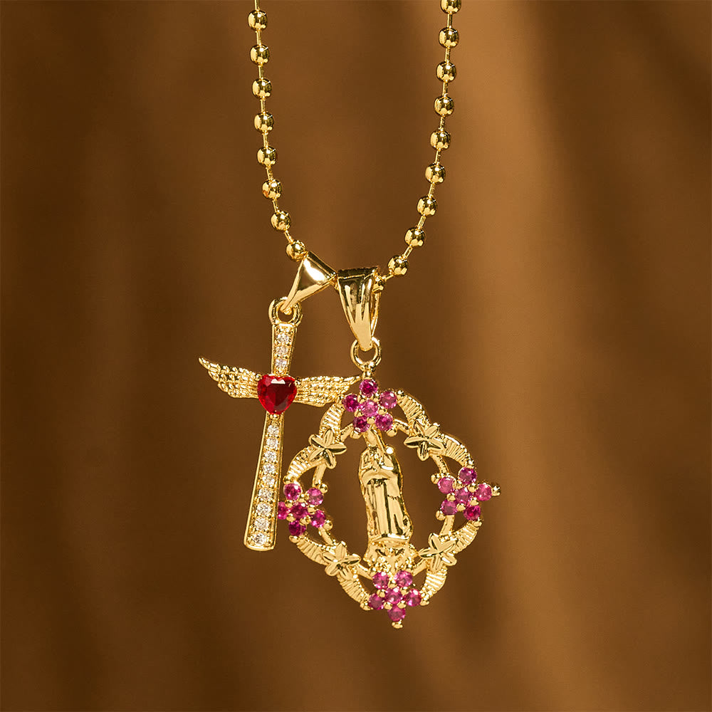 Conjunto de collar de fe con la Virgen ornamentada y cruz alada: Emblema de protección espiritual