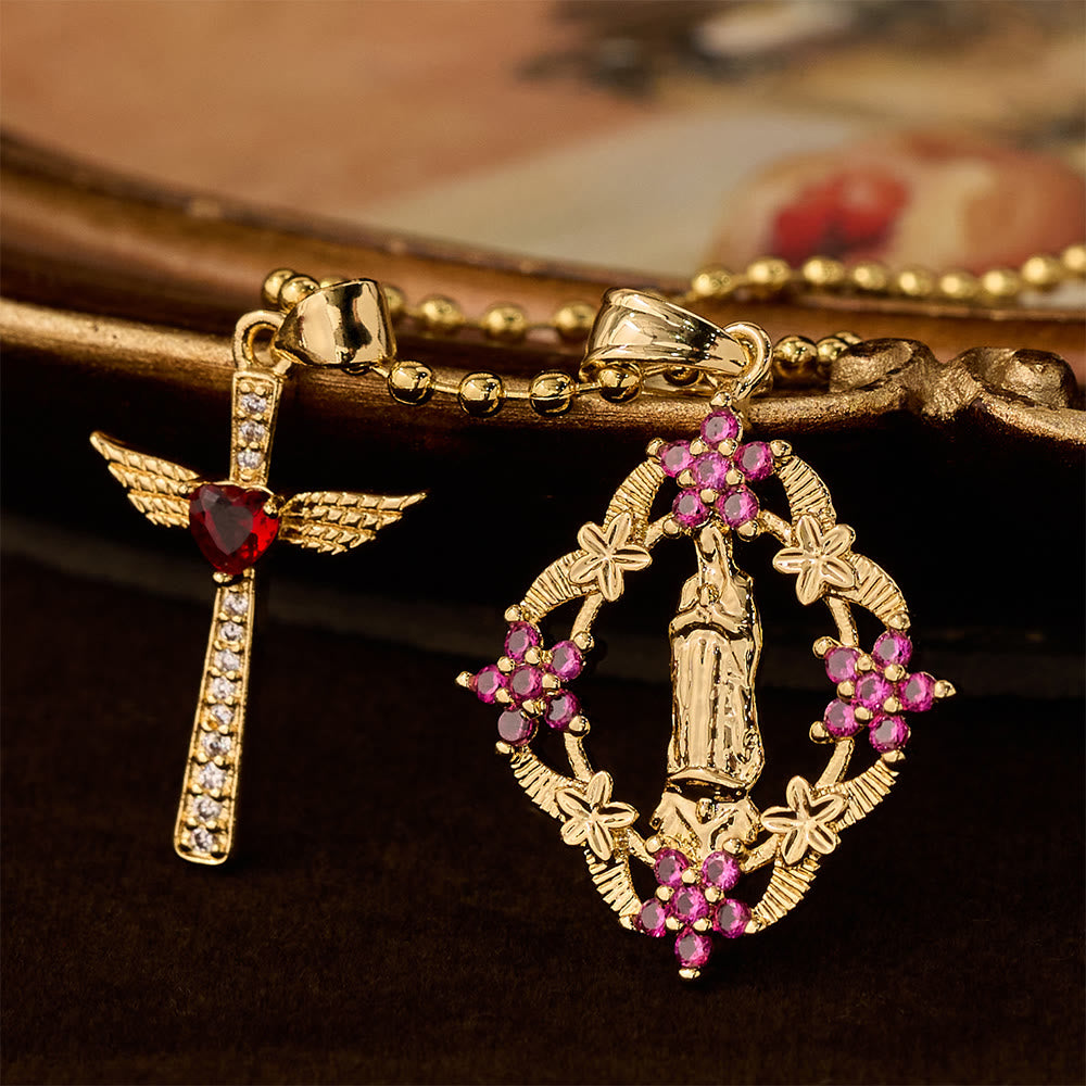 Conjunto de collar de fe con la Virgen ornamentada y cruz alada: Emblema de protección espiritual