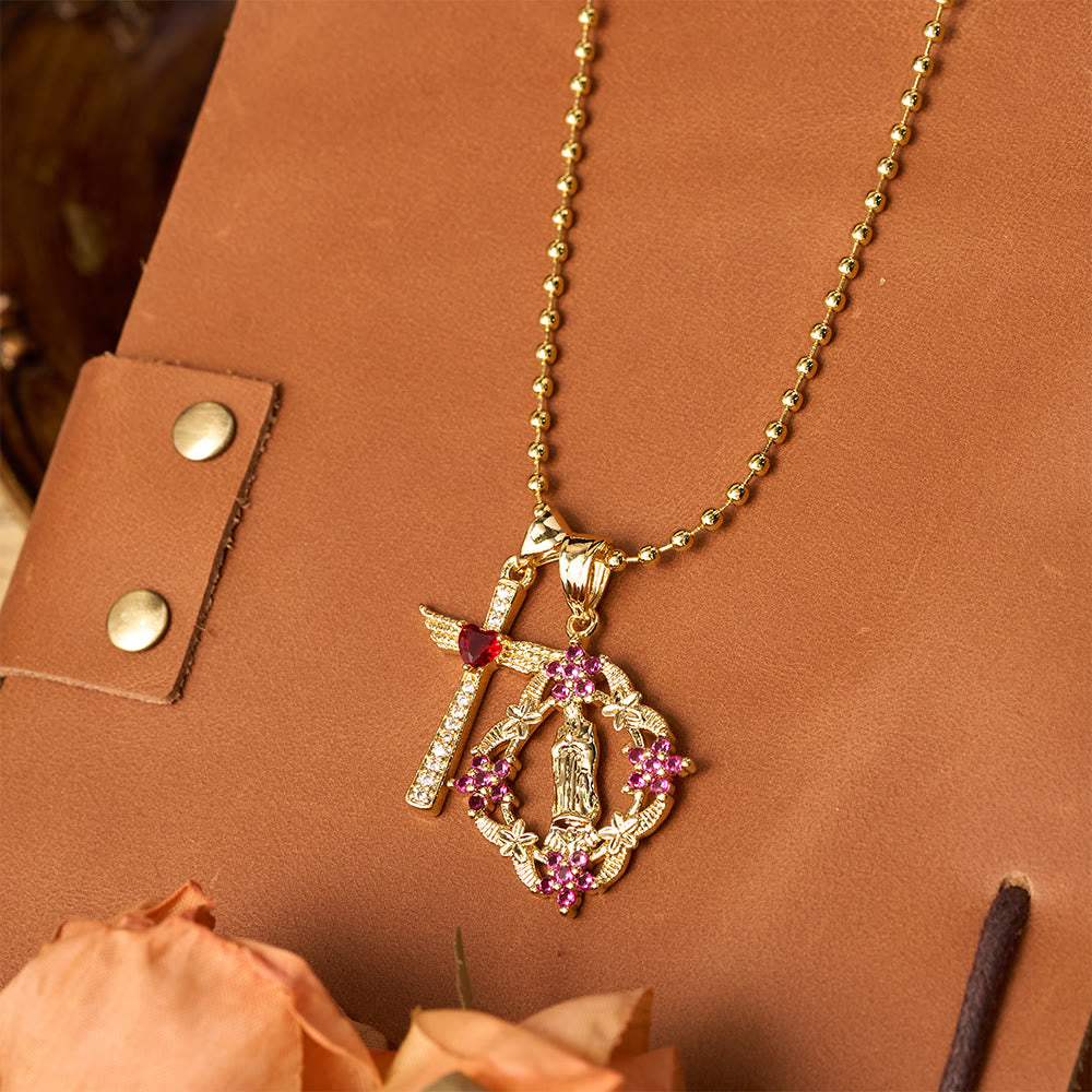 Conjunto de collar de fe con la Virgen ornamentada y cruz alada: Emblema de protección espiritual