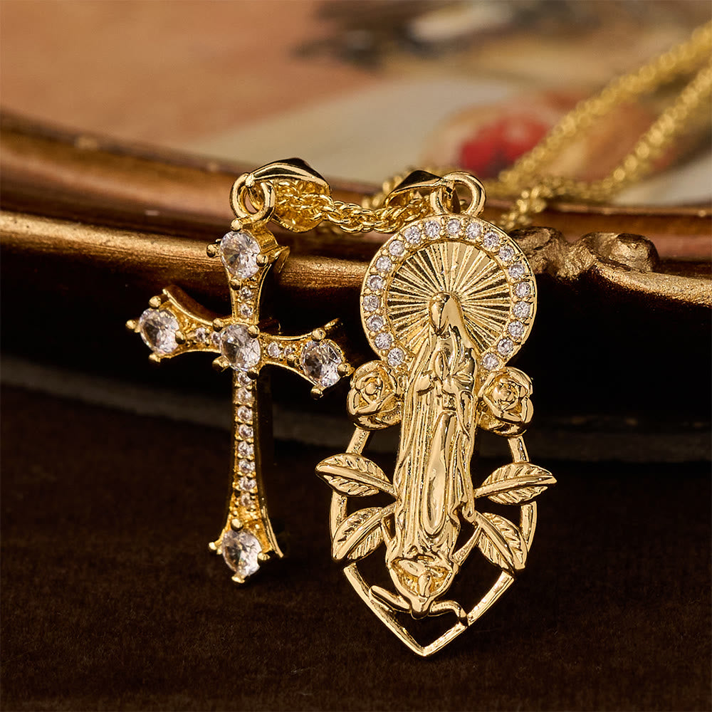 Conjunto de collar de fe con la Virgen ornamentada y cruz alada: Emblema de protección espiritual