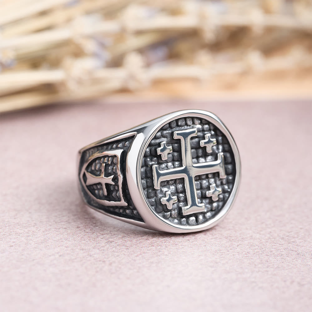 Anillo de sello redondo y cuadrado con Cruz de Jerusalén: Emblema de la unidad de la fe
