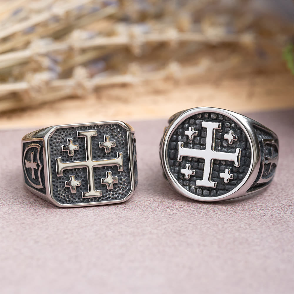 Anillo de sello redondo y cuadrado con Cruz de Jerusalén: Emblema de la unidad de la fe
