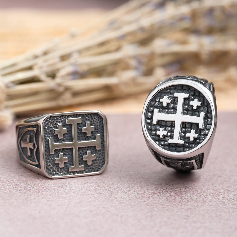 Anillo de sello redondo y cuadrado con Cruz de Jerusalén: Emblema de la unidad de la fe