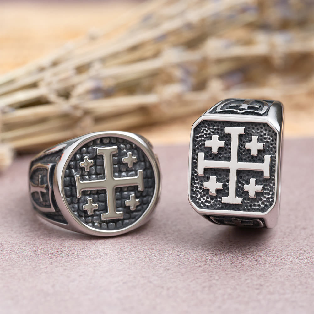 Anillo de sello redondo y cuadrado con Cruz de Jerusalén: Emblema de la unidad de la fe