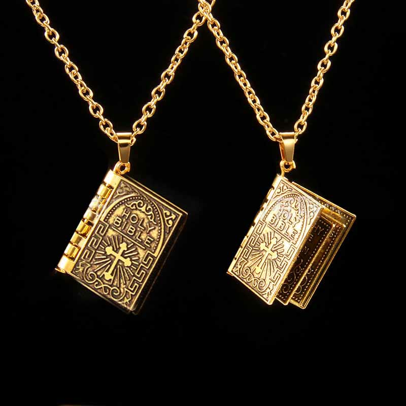 Collar de calidad con colgante de Biblia sagrada y cruz giratoria