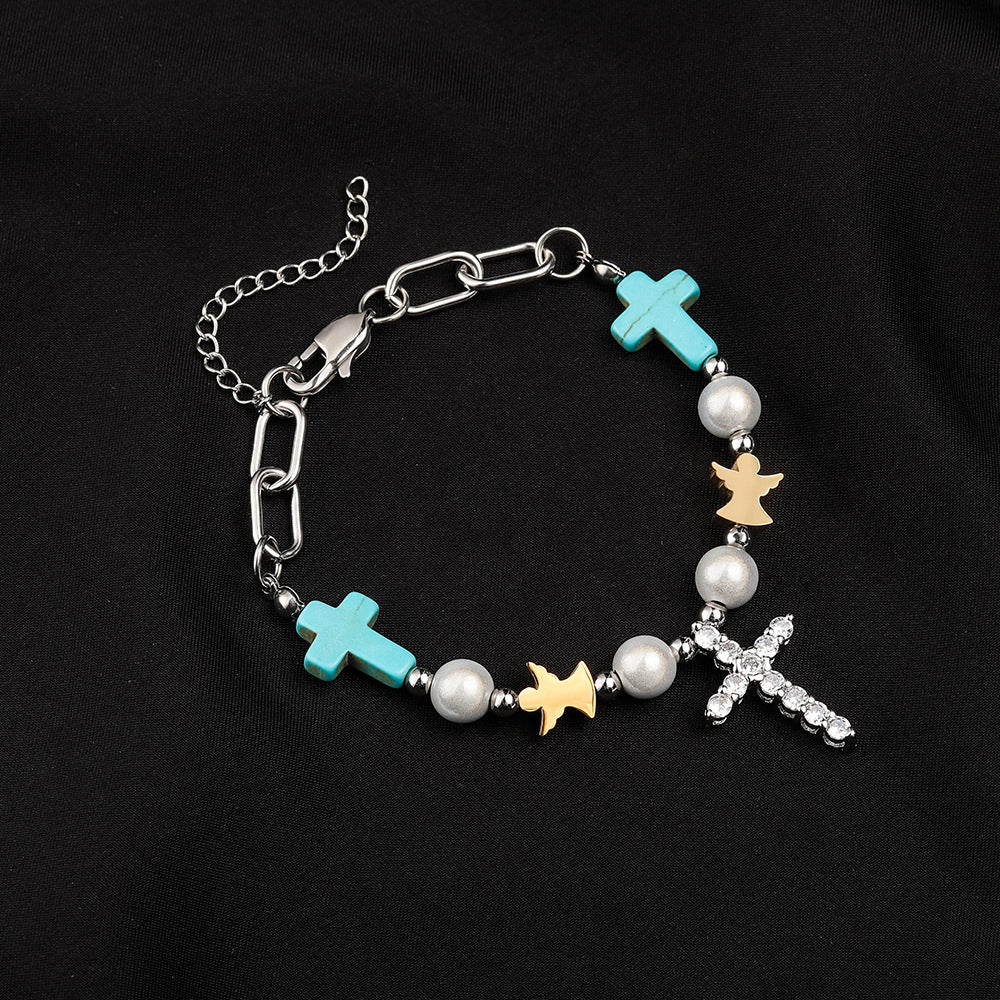 Pulsera/Collar de Titanio con Cruz de Circonita Turquesa Hecha a Mano