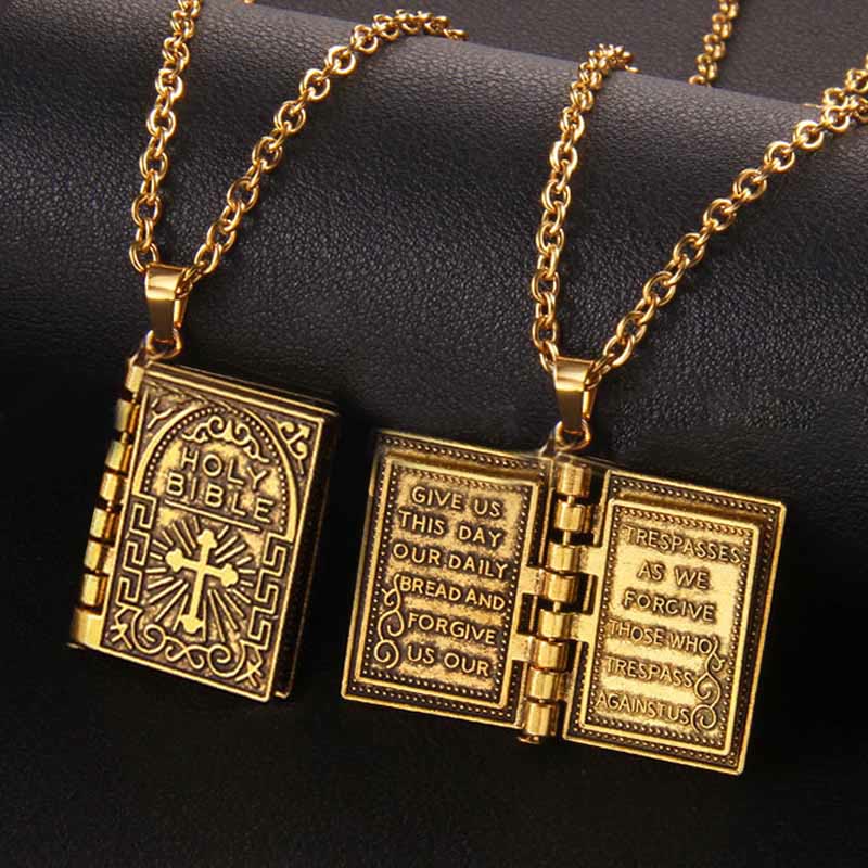 Collar de calidad con colgante de Biblia sagrada y cruz giratoria