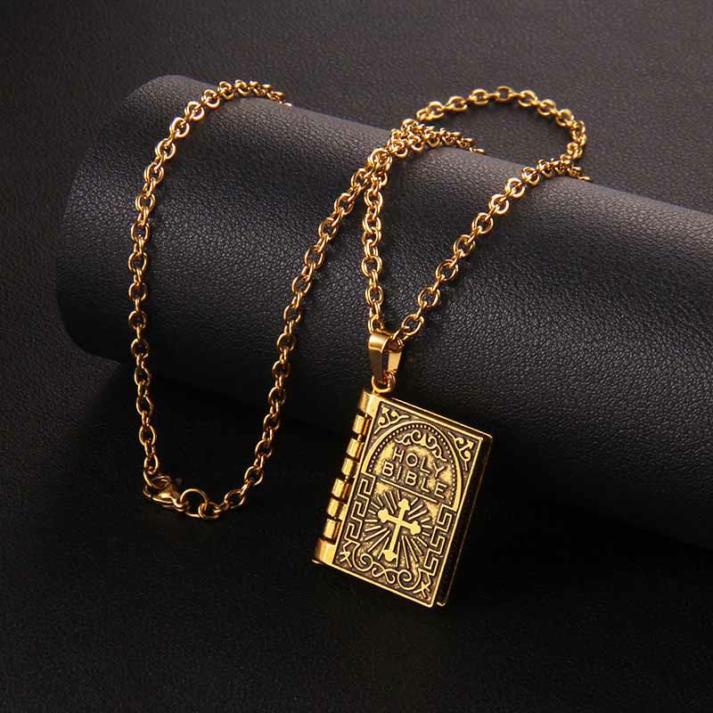 Collar de calidad con colgante de Biblia sagrada y cruz giratoria