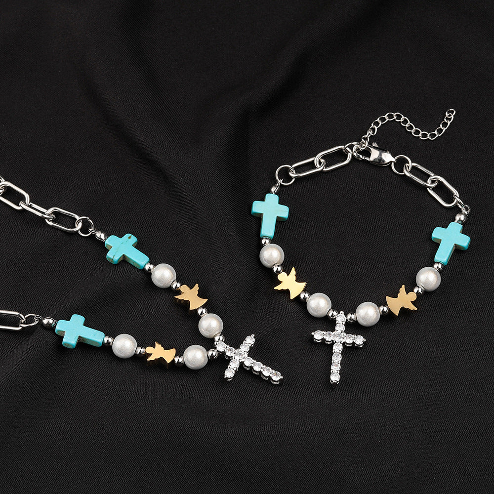Pulsera/Collar de Titanio con Cruz de Circonita Turquesa Hecha a Mano