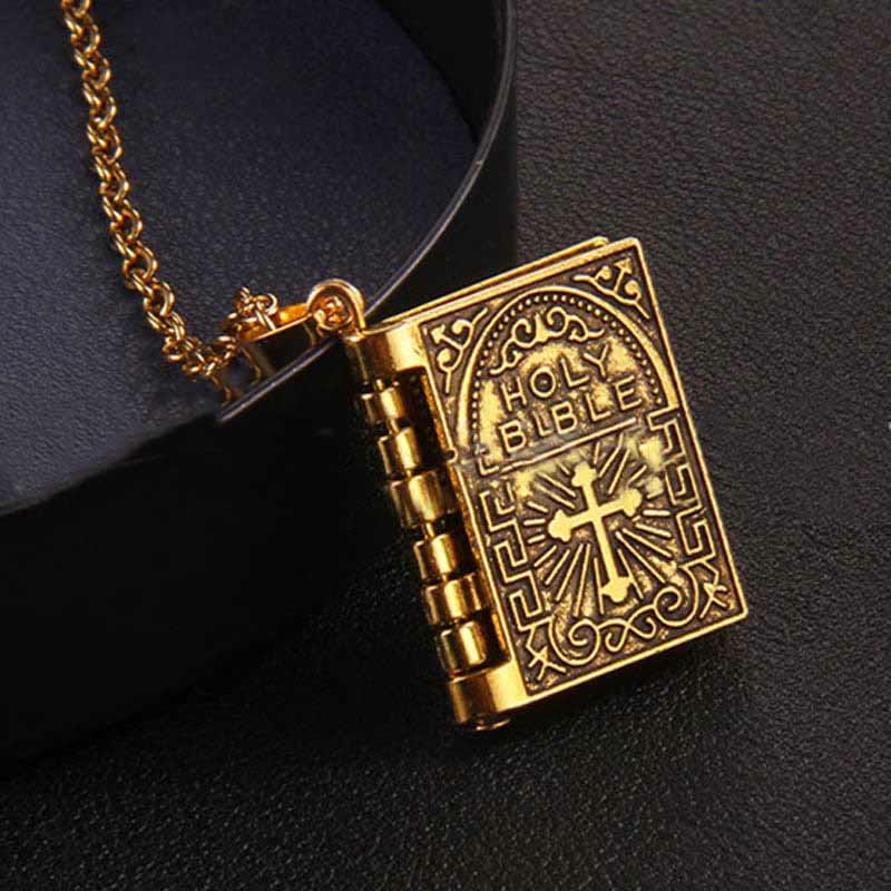 Collar de calidad con colgante de Biblia sagrada y cruz giratoria