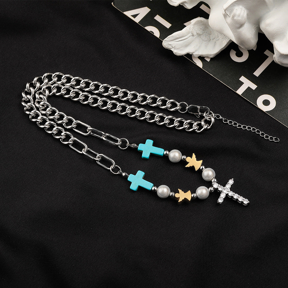 Pulsera/Collar de Titanio con Cruz de Circonita Turquesa Hecha a Mano